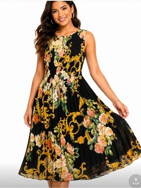 Sleeveless Black Midi Dress with Gold Scroll & Floral Print